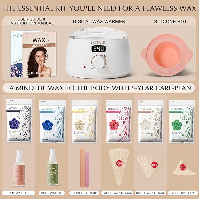 KOTAMU Waxing Kit for Women & Men, White Wax Kit for Hair Removal, Digital Waxing Pot for Thick Coarse Fine Fuzzy Hair & Sensitive Skin, Wax Warmer for Home Salon Use-BrightBean Baby