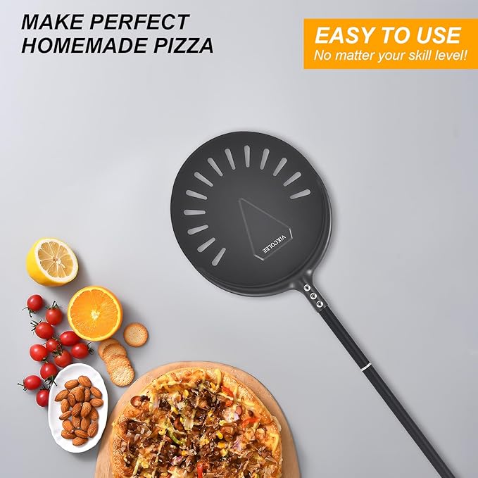 Turning Pizza Peel, 9 Inch with 38 Inch Handle Round Pizza Turning Peel, Professional Anodized Aluminum Turning Pizza Spatula, 47 Inch overall