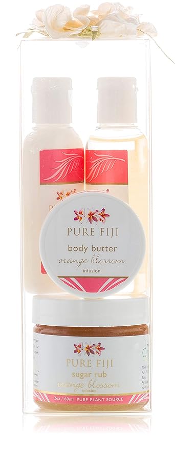 Pure Fiji Spa Gifts for Women and Man - Body Gift Box Include: Sugar Scrub, Bath and Body Oil, Body Butter and Body Lotion, Scent Orange Blossom-BrightBean Baby