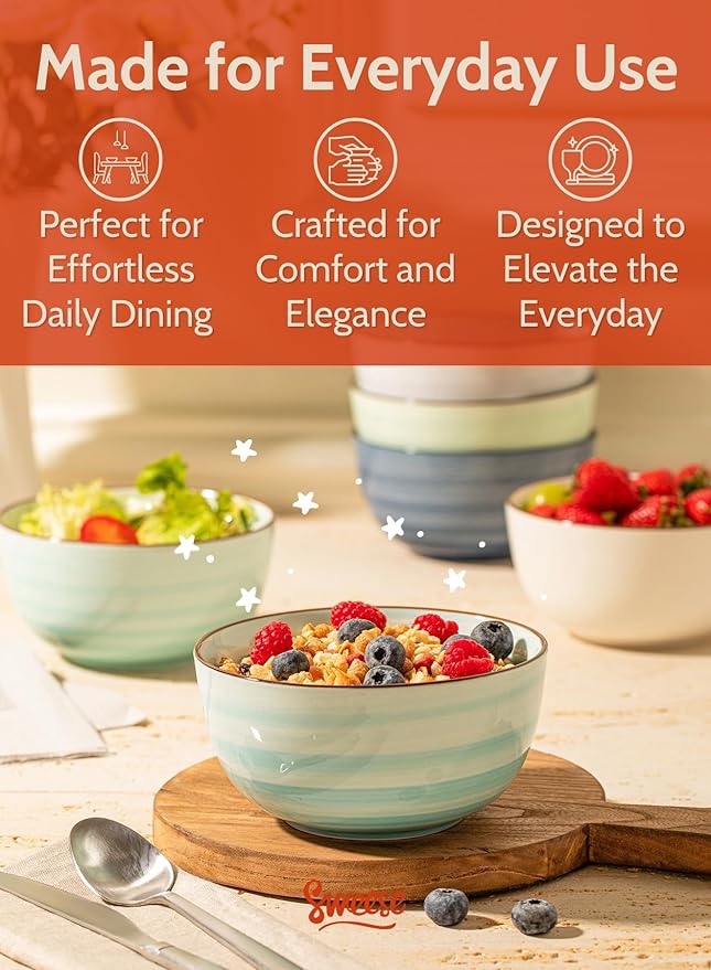 Sweese 20 Oz Porcelain Cereal Bowls - Set of 6, Multicolor, Lead-Free, for Soup, Salad, Rice Snacks, Kitchen Decor