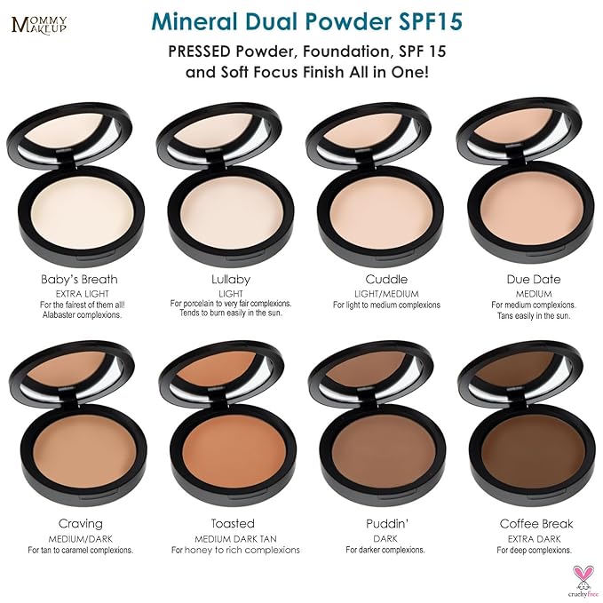 Mineral Dual Powder in Toasted (Medium Dark Tan) | 4-in-1 Pressed Mineral Foundation with SPF 15 for Flawless Glow & Soft Looking Skin | Oil Free, Talc Free, Gluten Free | 0.45 Oz | by Mommy Makeup-BrightBean Baby