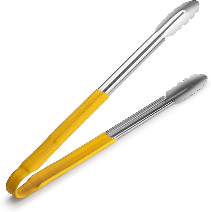 New Star Foodservice 35834 16-Inch Utility Spring Tongs, Stainless Steel, Vinyl Coated, Set of 12, Yellow