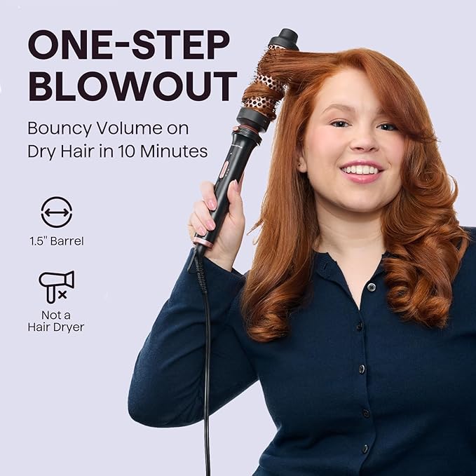 Wavytalk Thermal Brush, 1 1/2 inch Heated Round Brush with Detachable Head, Velvet Pouch and Dual Voltage for Travel, Easy to Create Blowout Look, Rose Gold-BrightBean Baby