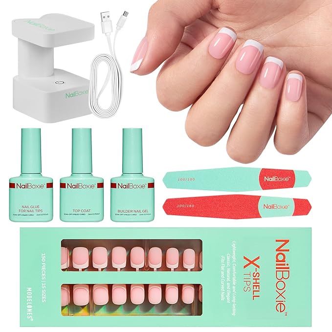 Modelones Gel Nail Kit, Top Coat, Nail Builder Gel, Press On Nails Kit with LED Light, 150 PCS Short Pink Square, 15 Sizes French Tip Press on Nails, Pre-Colored Nail Tips for Easy DIY Nail Art-BrightBean Baby