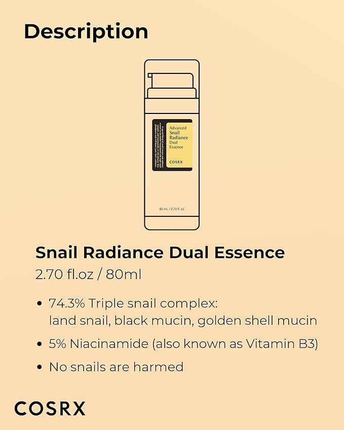 COSRX Niacinamide 5% + Snail Mucin 74% Dual Essence, Anti aging Face Serum for Dull Skin, Hydrating, Brightening, Repairing, 2.70 fl.oz / 80ml, Sensitive Skin, Not Tested on Animals, Korean Skincare-BrightBean Baby