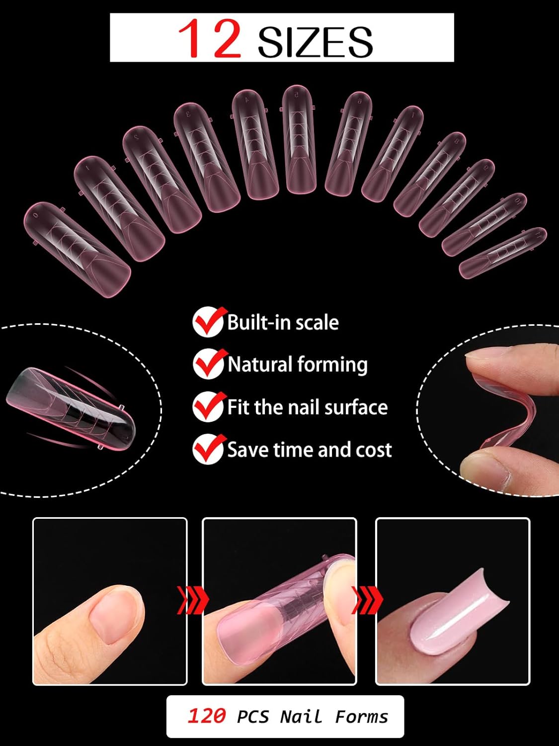 EBANKU Dual Nail Forms for Poly Extension Gel, 120 PCS Pink Nail Molds Reusable 12 Sizes Nail Extension Forms for Builder Gel Manicure Design Salon DIY-BrightBean Baby