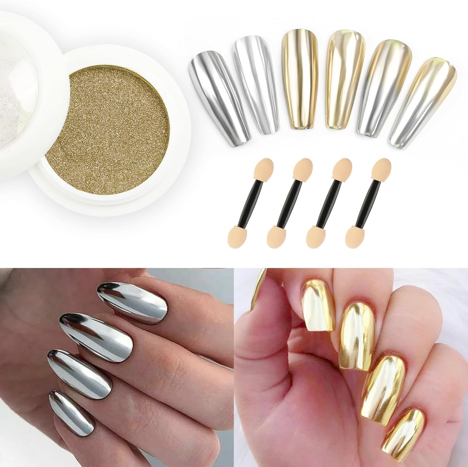 2 Jars Chrome Nail Powder：Mirror Effect Gold Chrome Nail Powder,Metallic Mirror Silver Chrome Powders Decoration for DIY Nail Art,Pigment Holo chrome powder with 4 Eyeshadow Sticks-BrightBean Baby