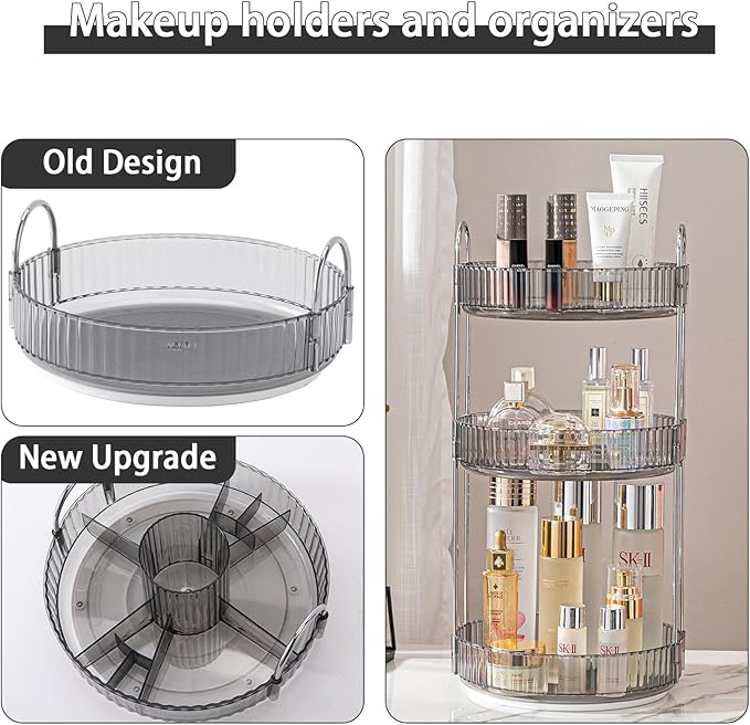 Rotating Makeup Organizer for Vanity, High-Capacity Skincare Clear Make Up Storage Perfume Organizers Cosmetic Dresser Organizer Countertop 360 Spinning (Gray, New-3 Tier)-BrightBean Baby