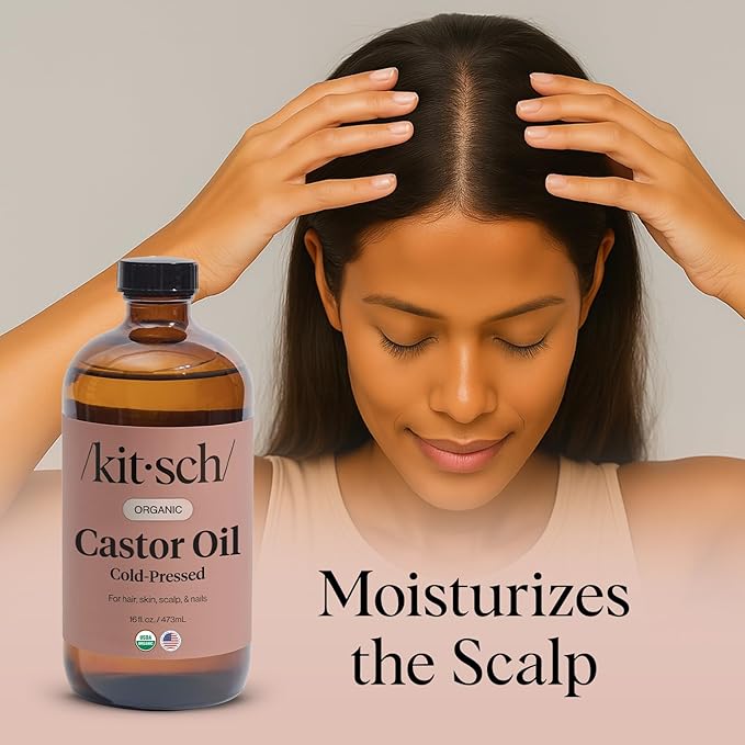 Kitsch Organic Castor Oil for Hair Growth - 100% Pure Castor Oil, Organic Cold Pressed Unrefined Glass Bottle for Face, Skin, Lashes, Brows, Scalp, Nails & Belly Button - Hexane Free, USDA - 16 oz-BrightBean Baby