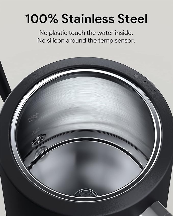 Gooseneck Electric Tea Kettle Pour-Over Kettle for Coffee, with 5 Variable Presets, 100% Stainless Steel Inner, with Keep Warm and Mute Function 0.8L, 1000W Quick Heating, Matte Black