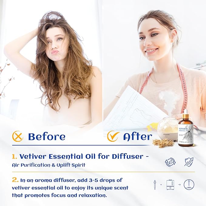 HIQILI 100ML Vetiver Essential Oil, 100% Pure Natural for Diffuser Calm and Relation- 3.38 Fl Oz-BrightBean Baby