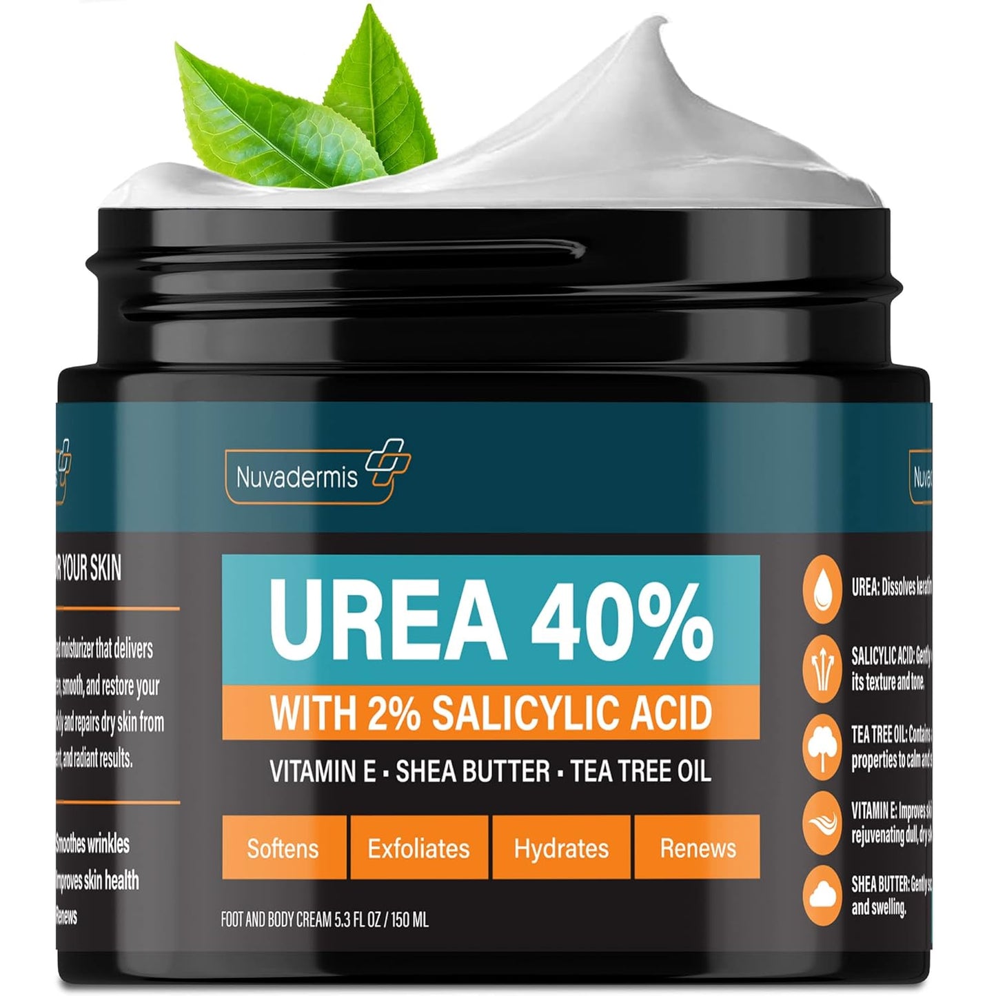 NUVADERMIS Urea Cream 40 Percent for Feet Maximum Strength - 40% Urea Foot Cream for Dry Cracked Heels and Feet - 2% Salicylic Acid, Shea Butter, Tea Tree Oil, Vitamin E - 5.3 fl oz-BrightBean Baby
