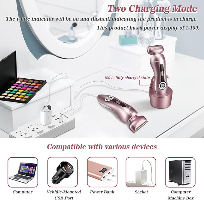 Electric Shaver for Women for Legs Bikini Trimmer Electric Razors for Women Underarm Public Hairs Rechargeable Womens Shaver Wet Dry Use Painless Cordless with Detachable Head (Pink)-BrightBean Baby