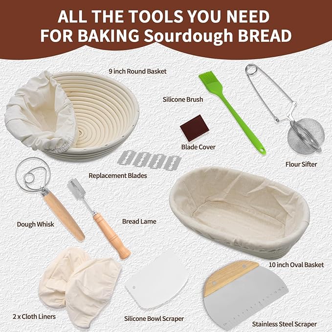 Bread Proofing Basket Set, Round 9 Inch and Oval 10 Inch Banneton Bread Bowl, Sourdough Bread Making Supplies Tools with Bread Lame, Danish Whisk, Bowl Scraper, Sourdough Scraper, Liners
