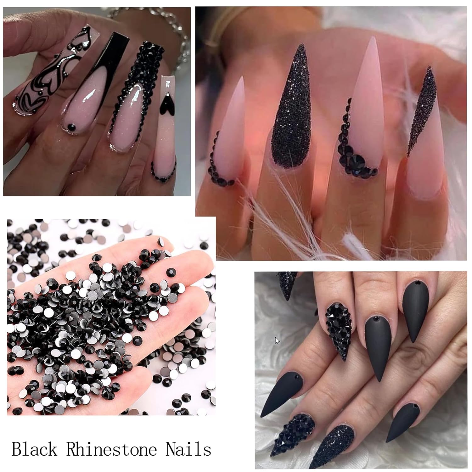 Nail Art Rhinestones with Glue Gel Flatback Nail Charms Luxurious Supplies Accessories Champagne Nails Gems Jewelry for Women Nails DIY Design Decoration,Black-BrightBean Baby