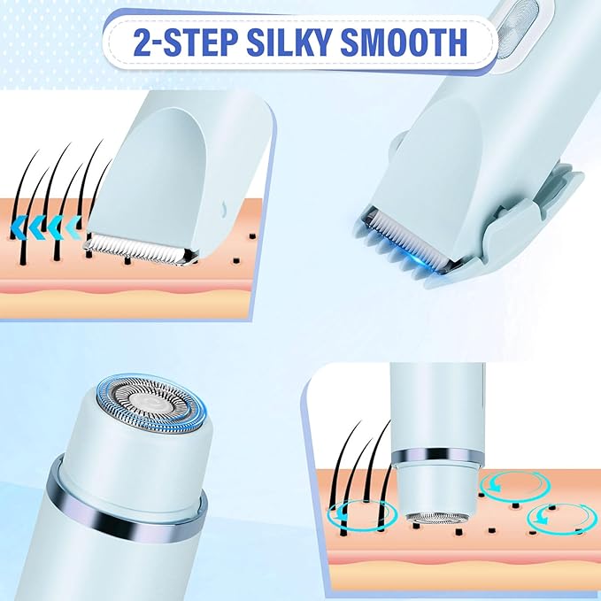 Women's Bikini Trimmer, 2-in-1 Electric Shaver for Bikini Line, Legs, Underarms, Face - Waterproof Women's Electric Shaver for Sensitive Skin, USB Rechargeable (Purple) (Blue)-BrightBean Baby