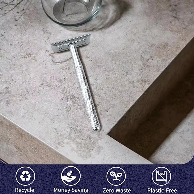 Shiny Silver Double Edge Safety Razor, Single Blade Razors for Men and Women, with 10 Stainless Steel Safety Razor Blades, Reusable, Smooth and Close Wet Shaving Kit, Plastic Free-BrightBean Baby