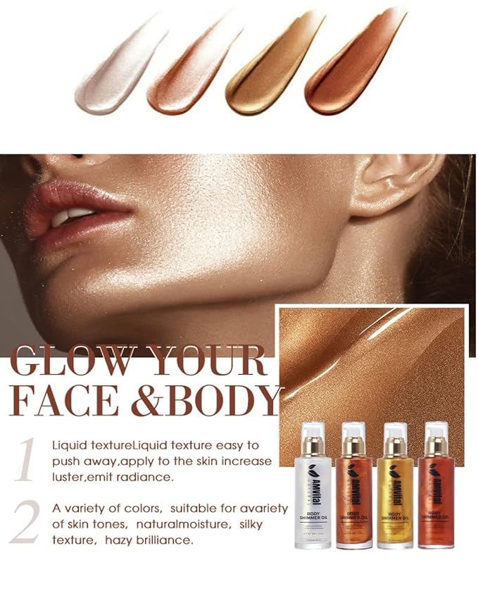 Shimmer Body Oil Rose Gold, Illuminator Highlighter for Face & Body Makeup Shine, Non-Sticky Body Moisturizing For All Skin Types, Fast Absorbing & lightweight Body Oil For Women-BrightBean Baby