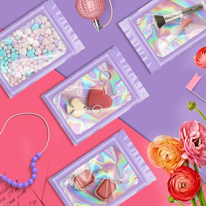 ANZNKU 100 Pcs Smell Proof Mylar Resealable Bags, Holographic Packaging Bags, Resealable Odor Foil Pouch Zip Bag with Clear Window for Food Storage and Lipgloss, Jewelry Lash (Purple, 5.5 x 7.9 Inch)-BrightBean Baby