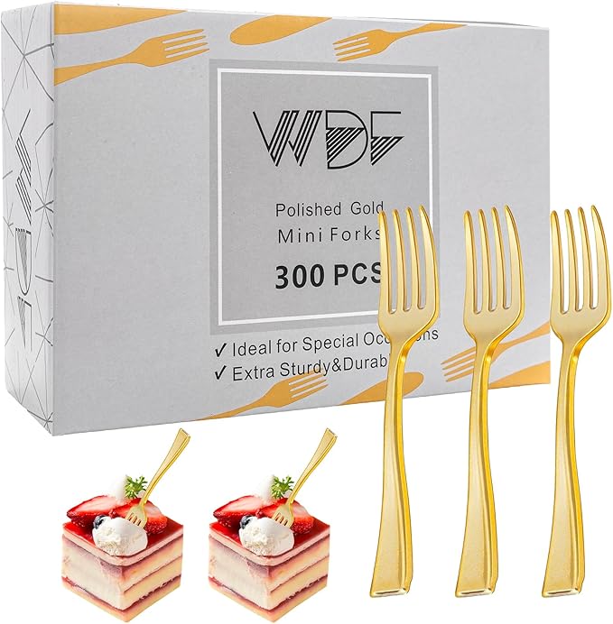 WDF Disposable Plastic Mini Forks 300 Pieces 4 Inches | Gold Plastic Forks | Thanksgiving Heavy Duty Plastic Tasting Forks | Perfect for Small Appetizers and Desserts for Wedding/Party/Birthday