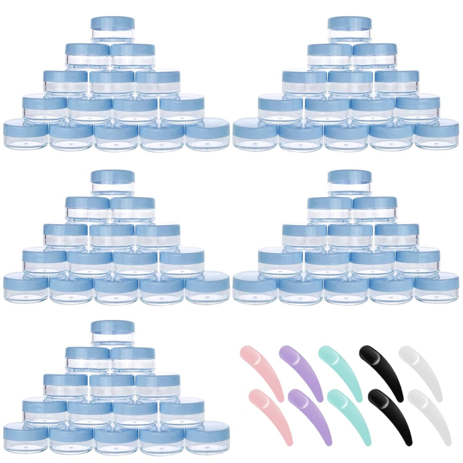 Refillable Cosmetic Sample Jars - 100 Pack 10g (0.35oz) Blue Small Travel Containers with Lids + 10 Mini Makeup Spatulas - BPA Free-BrightBean Baby