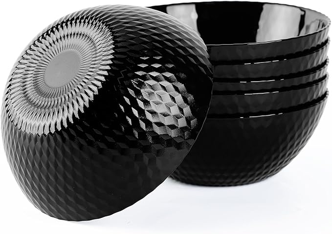 27 OZ Max Cereal Soup Bowl Set of 6, Opal Glass 7.2 inch Black Geometric Faceted Bowls for Ramen, Noodle, Salad, Fruit, Dishwasher and Microwave Safe