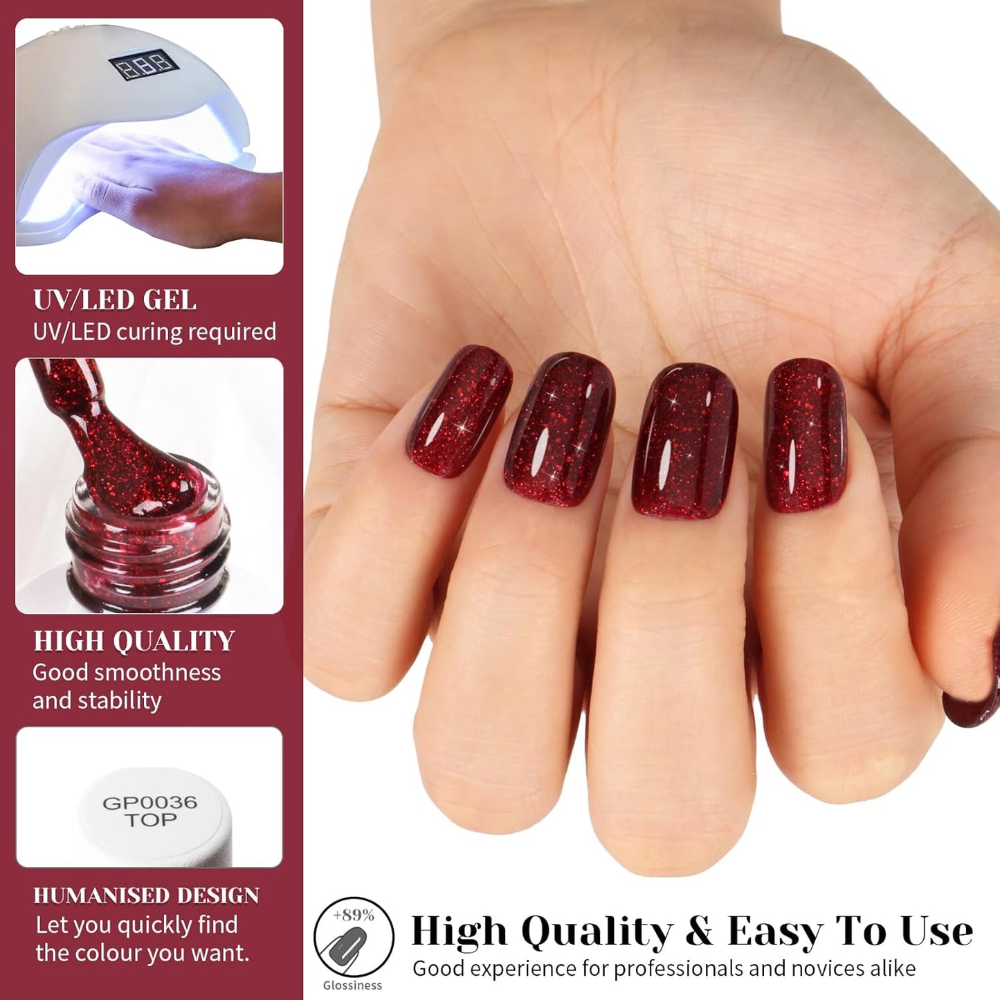 Glitter Red Gel Polish,Sparkly Shimmer Christmas Red Glitter Gel Nail Polish,0.51 Fl Oz Soak Off UV Poinsettia Gel Nail Polish for DIY Nail Art,Holiday Gifts - GP0064-BrightBean Baby