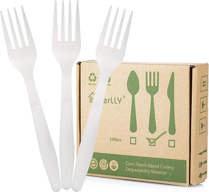 Compostable Fork,100 Biodegradable Silverware for Party,Large Disposable Utensils Eco Friendly Durable and Heat Resistant,Alternative to Plastic Fork