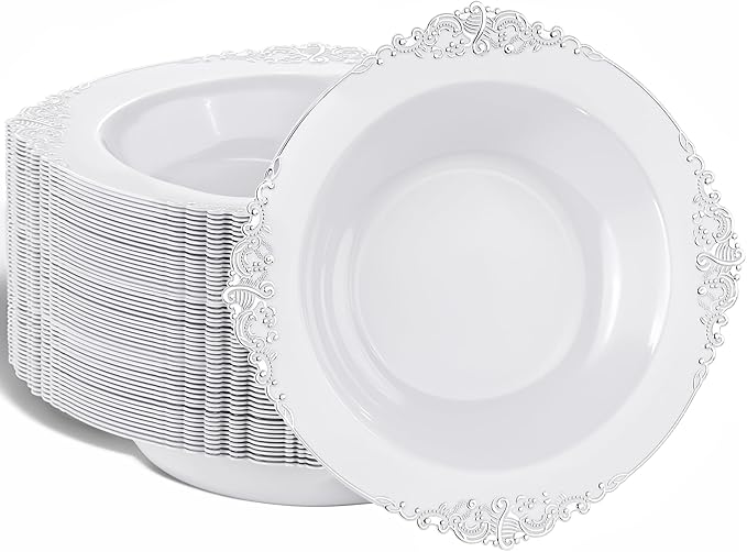 Nervure 50PCS White Plastic Bowls with Silver Rim - 12oz Disposable Soup Bowls, Heavy Duty Salad Ice Cream Bowl Perfect for Weddings, Parties and Everyday Use