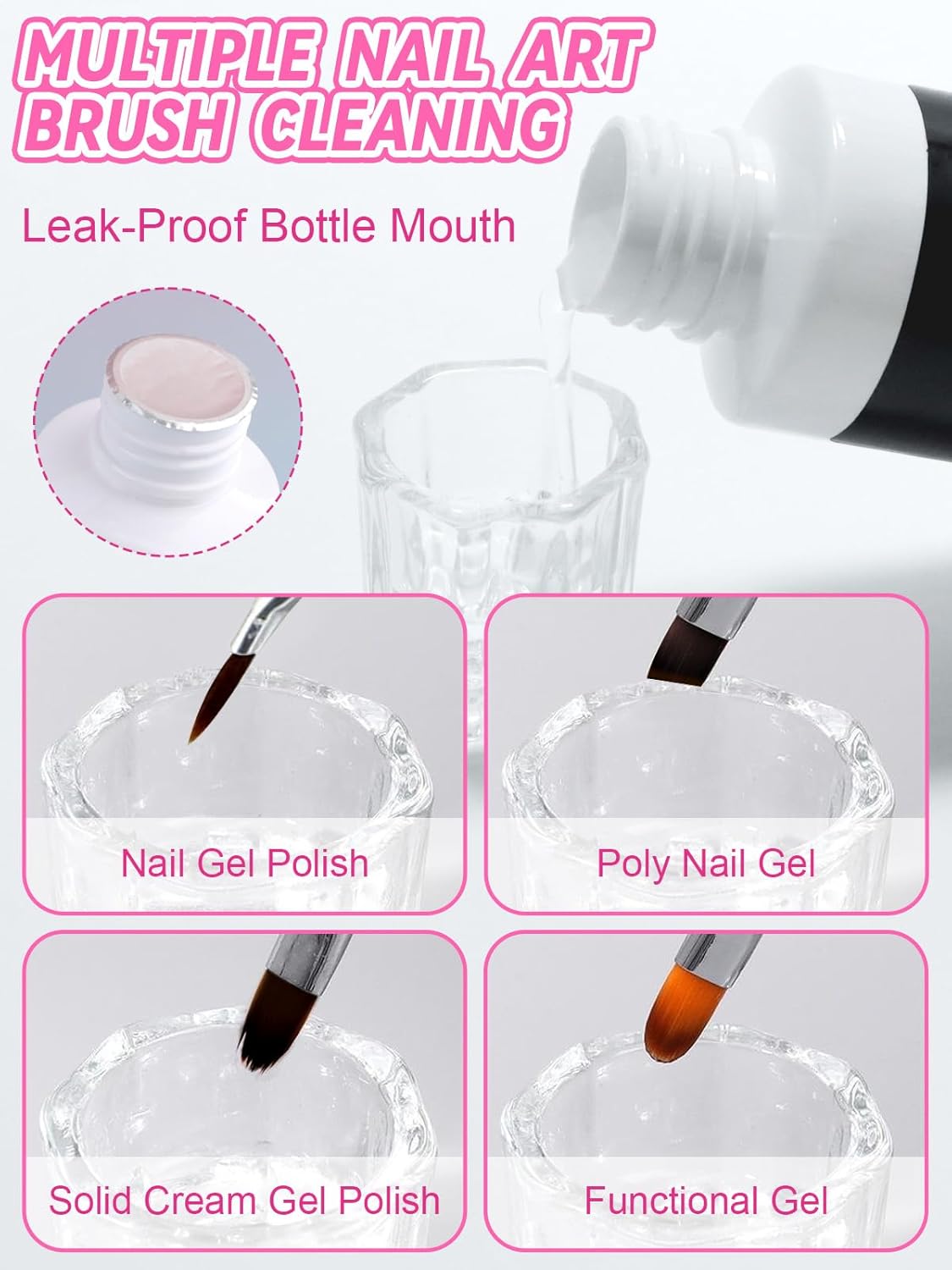 EBANKU Poly Gel Slip Solution for Nails - Anti-Stick Slip Solution for Builder Gel Nails, Brush Clean Liquid with Dual-Ended Nail Brush, 3PCS Nail Clips for Beginners & Home Salon, 2.5oz-BrightBean Baby