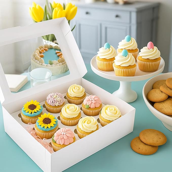 VGOODALL 12 Count Cupcake Boxes, 6PCS Cupcake Container with Window Boxes Holding 72 Pastry Box for Birthday Holiday Party Bakery Supplies 13.2"x9.8"x4"