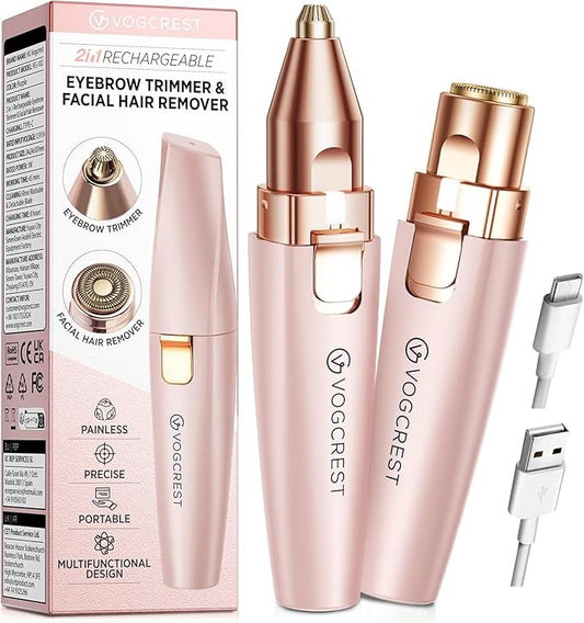Eyebrow Facial Trimmer: 2 in1 Rechargeable Facial Hair Removal and Eyebrow Shaver - Face Lips Body Painless Facial Razor with Built-in LED Light (Pink)-BrightBean Baby