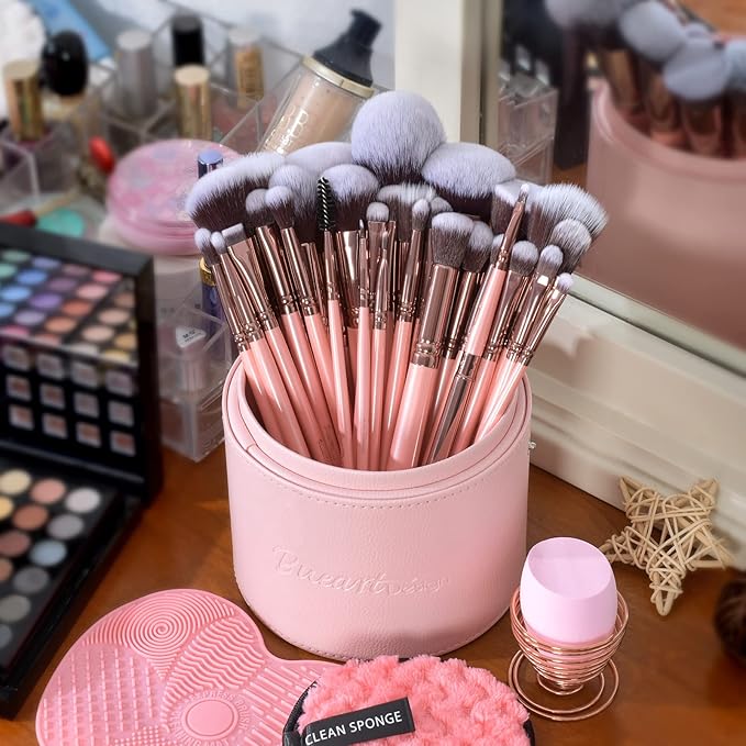 Bueart Design Labeled 30Pcs Professional Deluxe Makeup Brushes set with Extra large holder case for Foundation Face Blending Blush Concealers Eyeshadow-BrightBean Baby