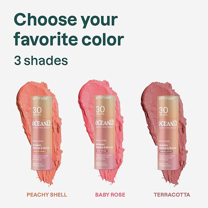 ATTITUDE Oceanly Tinted Lip Balm with SPF 30, EWG Verified, Plastic-Free, Broad Spectrum UVA/UVB Protection with Zinc Oxide, Vegan, Unscented, Baby Rose, 0.3 Ounce-BrightBean Baby