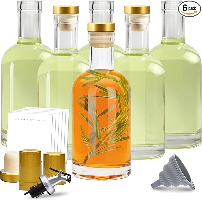 Olive Oil Dispenser Bottle for Kitchen, Clear Glass Oil and Vinegar Dispenser Set, Coffee Syrup Dispenser, Container With Metal Pour Spout, Airtight Lid, Funnel, Waterproof Labels (200ml-6 Pack)