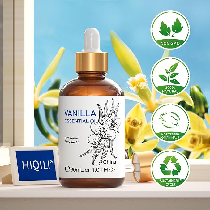 HIQILI 1 Fl Oz Vanilla Essential Oil, Undiluted Natural Strong Fragrance Add in Skin Perfume, Unscented Lotion, Candle Soap Making Scent, Relax at Home with Diffuse Warm Sweet Aroma-BrightBean Baby