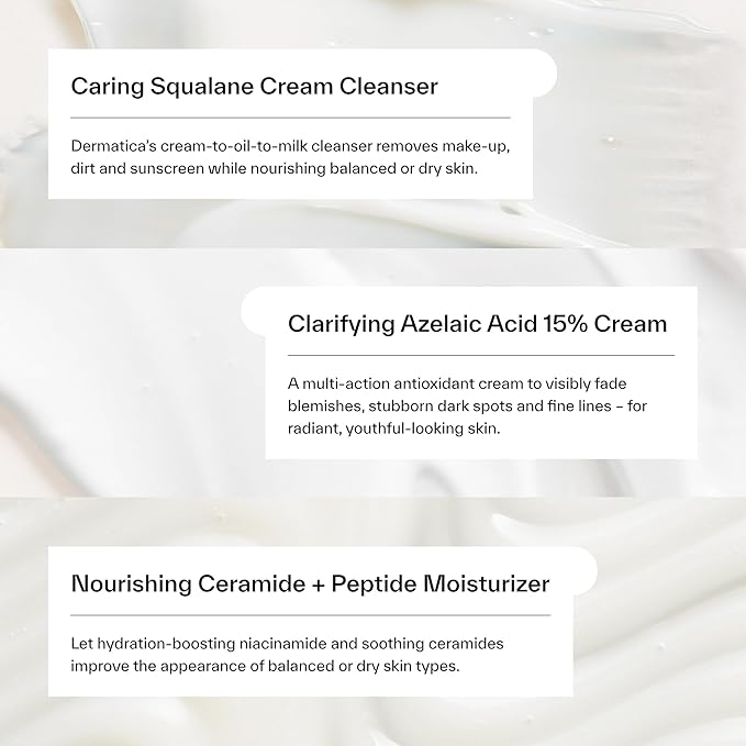 Dermatica Brightening & Barrier Repair Kit, Caring Squalane Cleanser (150ml), Clarifying Azelaic Acid 15% Cream (30ml), Nourishing Ceramide + Peptide Moisturiser (50ml)-BrightBean Baby