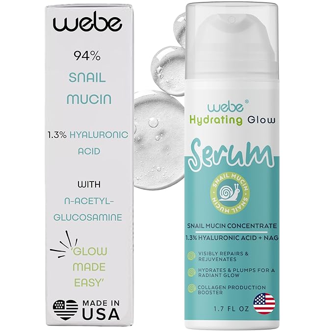 WEBE Naturals Snail Mucin 94% Hydrating Glow Serum | 1.3% Hyaluronic Acid & N-Acetyl Glucosamine | Collagen Boosting, Plumping, Anti Aging, Intense Moisturizing Serum for Radiant, Dewy Skin-BrightBean Baby