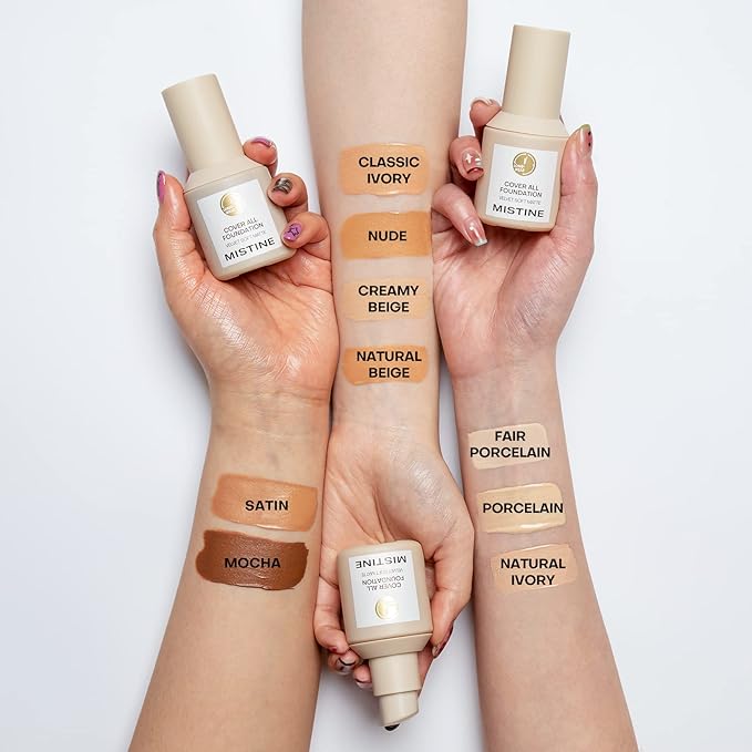 MISTINE Full Coverage Foundation Makeup for Oily Skin,24 Hour Oil Control Liquid Foundation,Skin-Caring,Moisturizing Formula,Cream Foundation,Matte Finish,Natural Beige,1 Fl Oz-BrightBean Baby