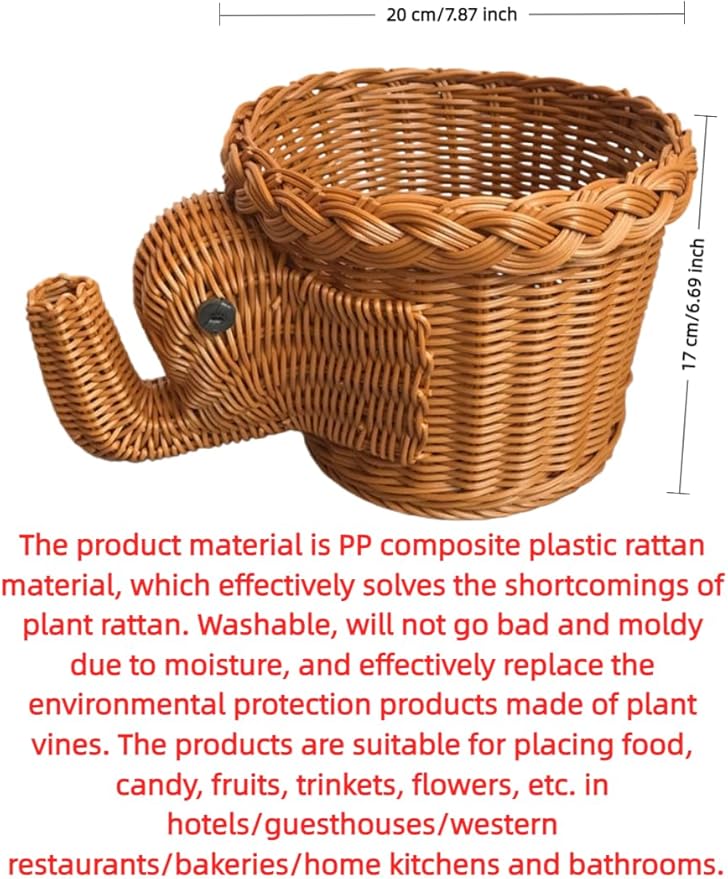 hand-woven round rattan basket storage basket storage box ornaments decorative basket multifunctional picnic food bread basket fruit gift basket key basket. (elephant)