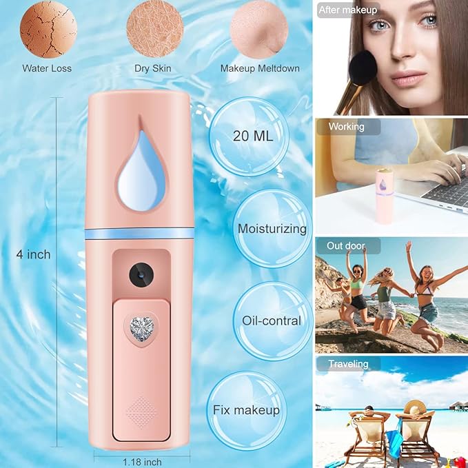 Nano Facial Mister Portable Mist Sprayer with Mirror Mini Cool Mist Spray for Skin Care & Facial Body Moisturized & Eyelash Extensions, USB Rechargeable (Pink)-BrightBean Baby