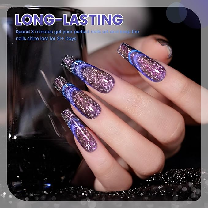 RARJSM 9D Chameleon Glass Cat Eye Gel Nail Polish Set 6Pcs Pink Purple Blue Green Yellow Multi Color Cateye Galaxy Shimmer Gradient Effect with Magnetic Stick UV LED Curing Require Home Salon-BrightBean Baby