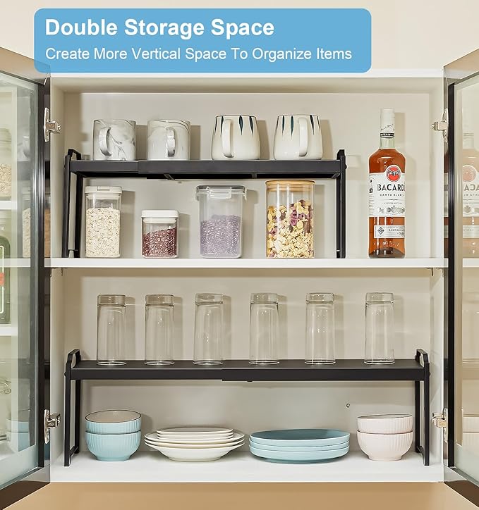 1 Pack Expandable Cabinet Countertop Shelves, Stackable Shelves Organizers for Kitchen Cabinet Countertop Storage, Adjustable Counter Cupboard Pantry Organizer Shelf Rack Stand, Length:25.5"