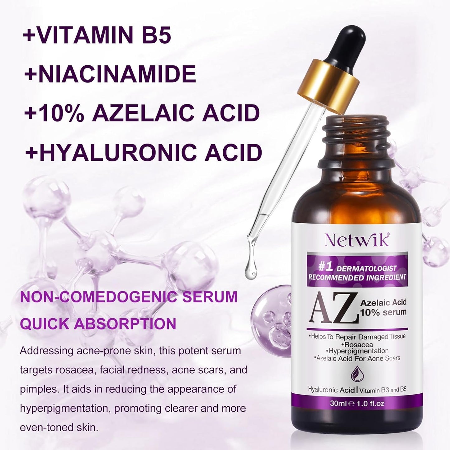 Azelaic Acid Serum - Azelaic Acid 10% for Acne Treatment - Fast Rosacea Skin Care - Redness Relief Face and Boost Skin Radiance with Niacinamide & Vitamin B3, B5 and Hyaluronic Acid, 1 Fl Oz-BrightBean Baby