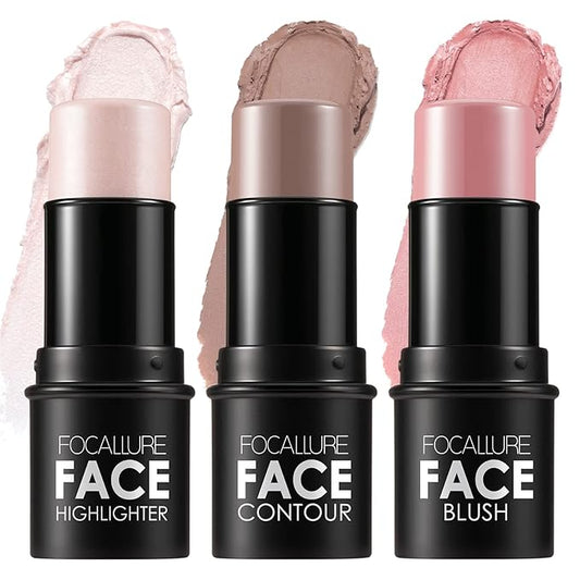 FOCALLURE 3 Pcs Cream Contour Sticks,Shades with Highlighter & Bronzer & Blush,Non-greasy Long-wear Face Contouring Pen,Easy to Sculpt the Face and Create a Lightweight Finishing Makeup,FAIR-LIGHT-BrightBean Baby