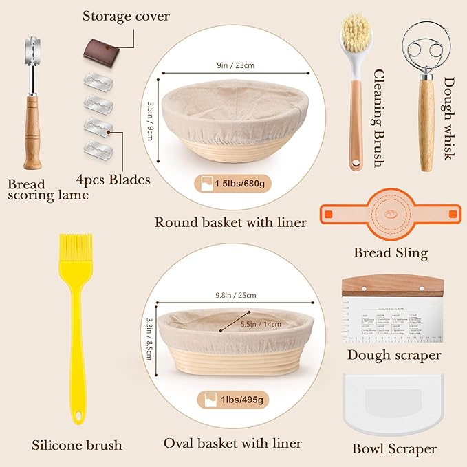 TeamFar Sourdough Bread Baking Supplies, 9” Round and 10” Oval Sourdough Starter Kit, Proofing Basket Set with Cloth Liner, Bread Lame, Whisk Dough, Bowl Scraper, Brush