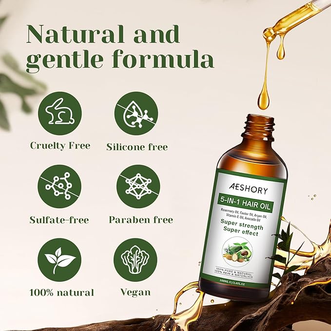 Aeshory Hair Oil - 5 IN 1 Hair Care Oil with Rosemary, Castor, Argan, Vitamin E, and Avocado for Hair Growth and Strengthening - Nourishing and Volumizing 3.38 fl oz-BrightBean Baby