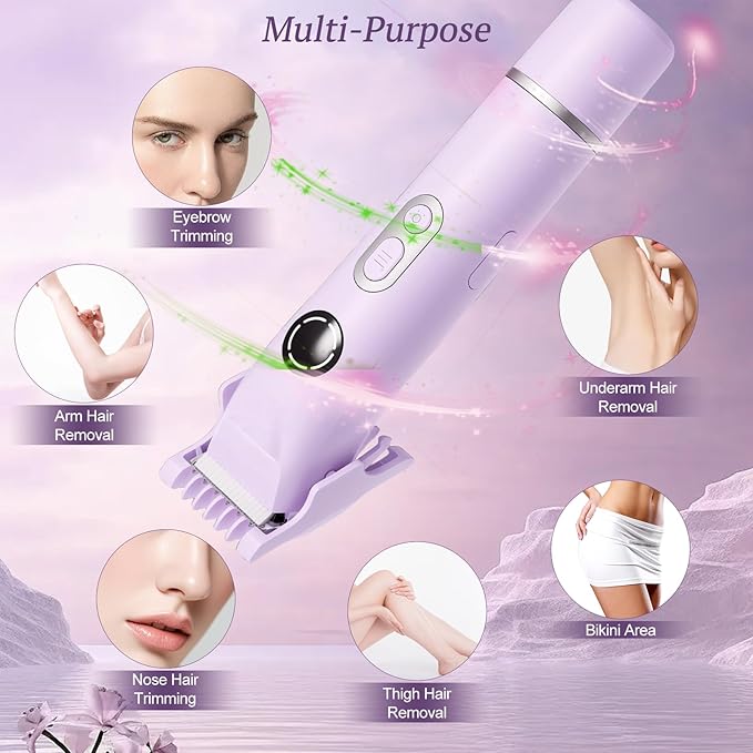 Bikini Trimmer for Women, 4 in 1 Wet/Dry Electric Razors for Women - Dual Head, Painless Rechargeable Portable Womens Razors for Shaving Set for Face, Nose, Eyebrows, Armpits, Bikini Area (Purple)-BrightBean Baby