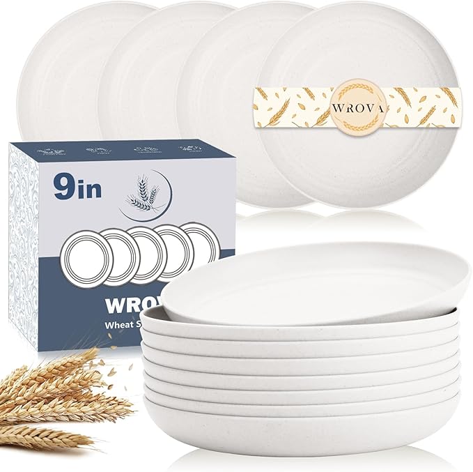 Wrova Wheat Straw Plates - 9 Inch Unbreakable Dinner Plates Set of 8 - Dishwasher & Microwave Safe Plastic Plates Reusable for Kitchen and Camping (white)