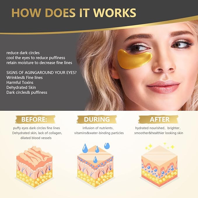 24K Gold Eye Mask, 30 Pairs, Natural Anti-aging Eye Pads for Puffy Eyes, Dark Circles, and Eye Bags with Amino Acid & Collagen, with Revitalize and Hydrate Your Skin-BrightBean Baby